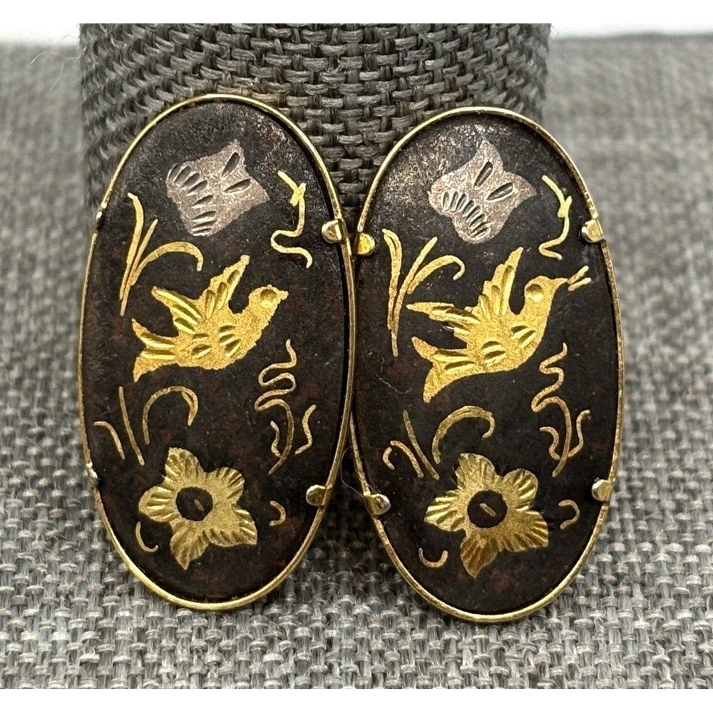 Vintage Japanese Damascene Bird Floral Black Enamel Clip Earrings Gold Tone